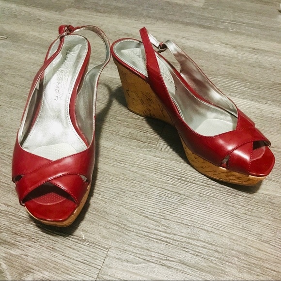 Marc Fisher Shoes - Marc Fisher Patent Red Peep Toe Cork Wedges Sz 10